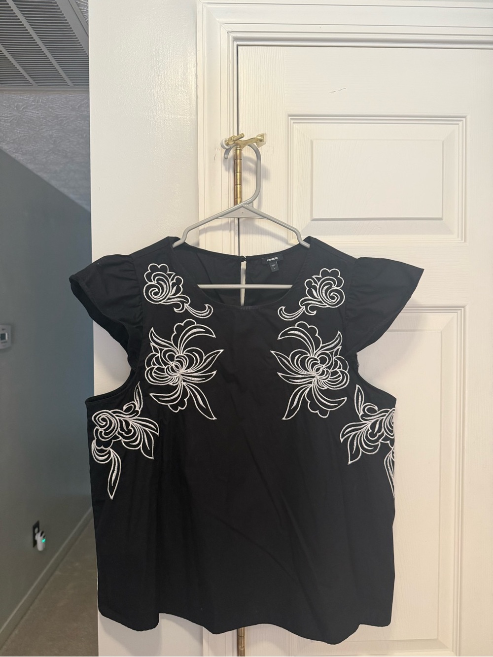 Express Black Embroidered Flutter Sleeve Blouse large